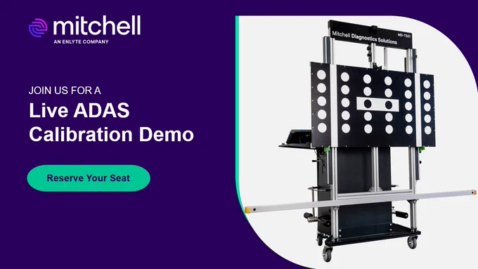 Promotional banner for Mitchell, featuring a live ADAS calibration demo with an image of calibration equipment on the right and a 'Reserve Your Seat' button.