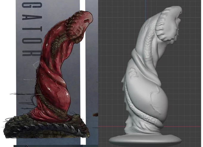 A drawing and the 3D sculpture based off of it, depicting a design for a monster themed adult toy