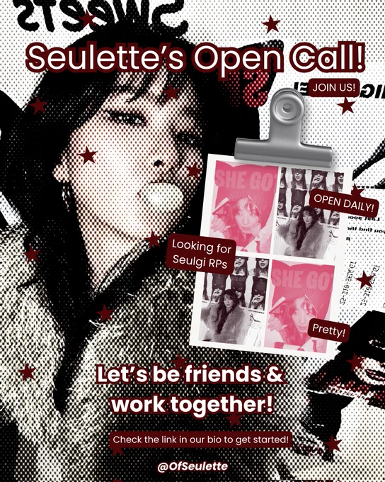 Rules:

✦ Please read this and obey the rules.
✦ Must be Seulgi RP 
✦ Be active 
✦ No war 
✦ No two-faced people
✦ JFB or Selfol are welcomed
✦ Not required to follow twin

How To Join:

✦ Follow @OfSeulette
✦ Introduce yourself in the introduction column

Love wins!