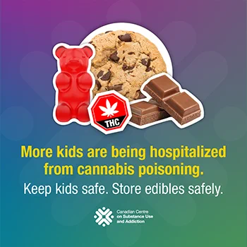 A gummy bear, a cookie, pieces of chocolate and a THC symbol appear with the words More kids are being hospitalized from cannabis poisoning. Keep kids safe. Store edibles safely.