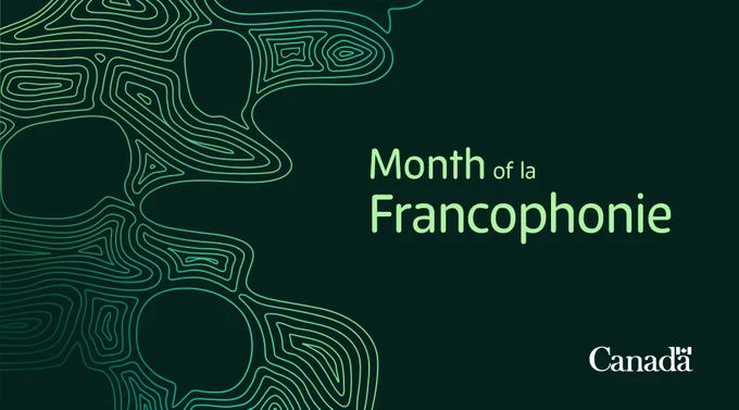 Image featuring a dark green background with curved lines reminiscent of roots and forming three speech bubbles, with the text “Month of La Francophonie.”