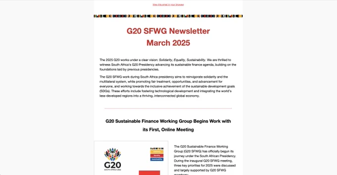 screenshot of the beginning of a newsletter reading G20 SFWG Newsletter March 2025