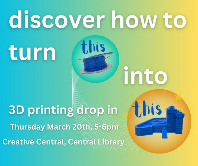 A poster inviting you to discover how a roll of blue filament turns into a 3d model of Broughty Ferry Castle.