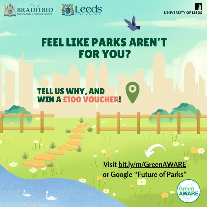Image of Park. Feel like parks aren’t for you? Tell us why and win a £100 voucher. Visit bit.ly/m/GreenAWARE