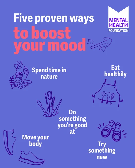 Graphic with text:
Five proven ways to boost your mood.
Spend time in nature.
Eat healthily.
Do something you're good at.
Move your body.
Try something new.