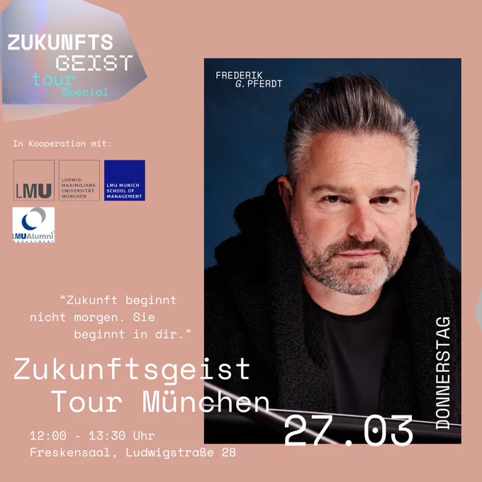 Die Medien nennen ihn den „Dr. der Innovation“, den „Papst der Kreativität“ und „eines der Masterminds des Silicon Valley“. Als erster Chief Innovation Evangelist bei Google hat er eine der kreativsten Unternehmenskulturen der Welt geprägt, das Innovation Lab von Google gegründet und Hunderttausende von Menschen auf der ganzen Welt inspiriert – von der NASA und den Vereinten Nationen über den DFB und Adidas bis hin zu Regierungen in über 25 Ländern. Frederik lehrt an der Stanford University und bewegt Menschen weltweit, eine bessere Zukunft zu gestalten.
In seiner Keynote zeigt er, wie kreatives Denken und eine radikale Zukunftsmentalität Innovation entfesseln. Mit Impulsen aus seiner Arbeit mit globalen Unternehmen, Institutionen und Regierungen gibt er neue Perspektiven für eine zukunftsfähige Denkweise – und macht Mut, innovativ zu sein und den Wandel aktiv zu gestalten.
Mehr Infos: https://tinyurl.com/LMU-Veranstaltung
