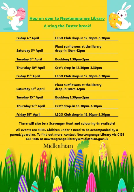 Easter Holidays event poster for Newtongrange Library. To find out more about the events, please contact the branch via: 0131 663 1816 or newtongrange.library@midlothian.gov.uk