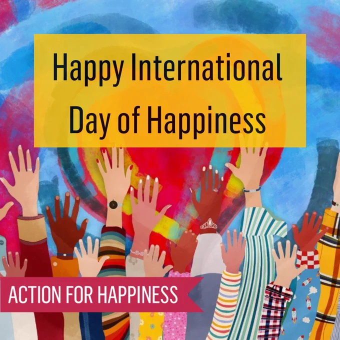Happy International Day of Happiness. Illustration of lots of hands waving in the air with colourful patterned sleeves.