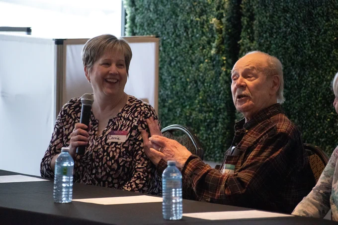 Carrie McAiney, Schlegel Research Cahir in Dementia and Bill Heiben laughing at the RIA event.