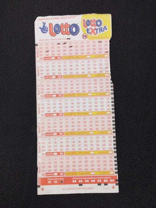 A paper National Lottery ticket. The ticket is rectangular with mainly red text on a white background. It says "Lotto" and "Lotto Extra" at the top. Some lottery numbers have been selected in pen. 