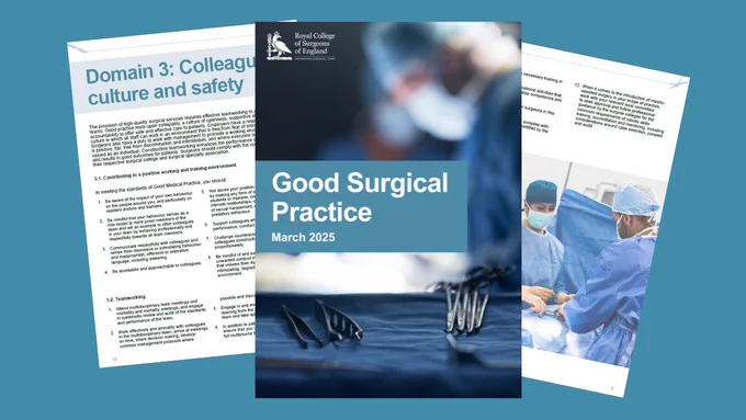 Three pages from the new 'Good Surgical Practice' guide. The centre page is the cover which shows the title and a surgeon. They are laid across a blue background.