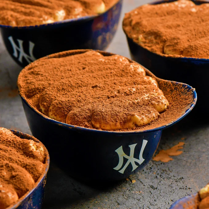 Tiramisu in dark blue replica Yankees batting helmets.