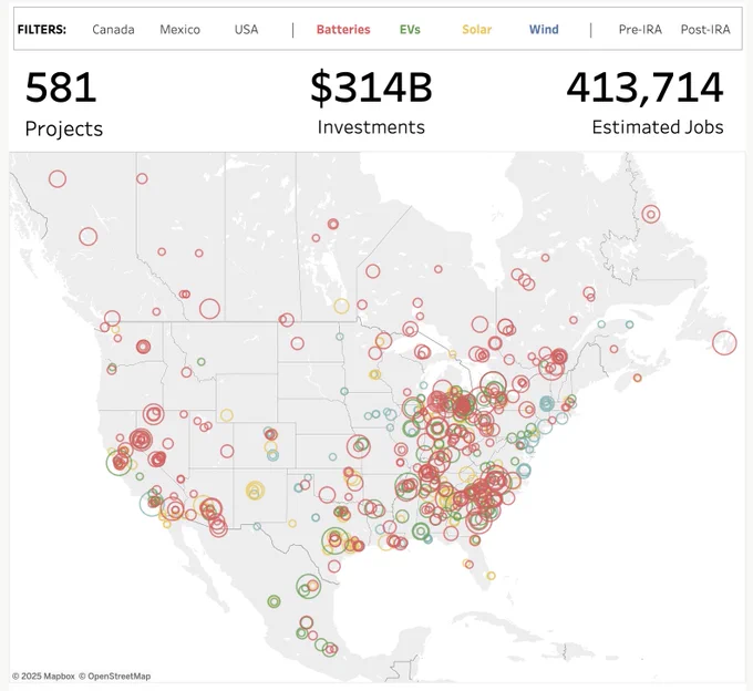 Screen shot of main map from The Big Green Machine landing page, showing investments in clean energy manufacturing and supply chains in US.