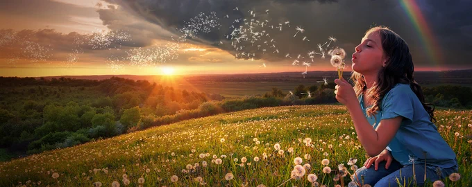 A girl sitting on a grassy hill gently blows the seeds from a dandelion. In the background, the sun peeks over the horizon and a rainbow arches through the cloudy sky