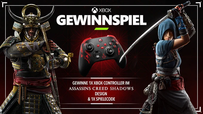 Gewinnspiel-Banner für Xbox und Assassin’s Creed Shadows. In der Mitte ein schwarzer Xbox-Controller mit roten Assassin’s Creed-Design-Elementen. Links ein Samurai in gold-schwarzer Rüstung mit gezogenem Katana, rechts eine Assassinin mit Kapuze und Katana in Kampfpose. Überschrift „GEWINNSPIEL“, darunter der Gewinn: „Gewinne 1x Xbox Controller im Assassin’s Creed Shadows Design & 1x Spielecode“. Hintergrund in dunklem Rot mit geometrischem Muster.