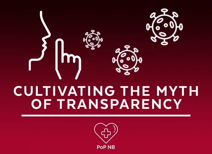A title card depicting a person raising a finger to their lips in a shhhing gesture while covid virus floats in the air. White text under reads "Cultivating the Myth of Transparency." Near the bottom is the PoPNB logo.