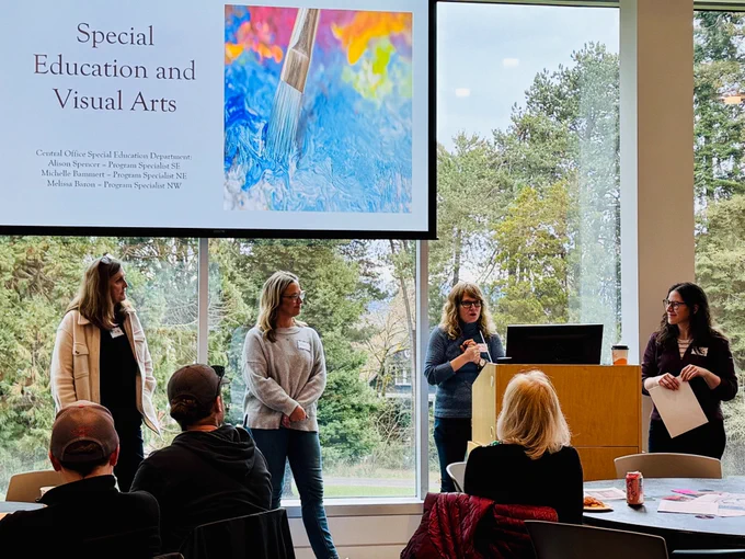 four women stand and present, reading a slide that says "Special Education and Visual Arts".