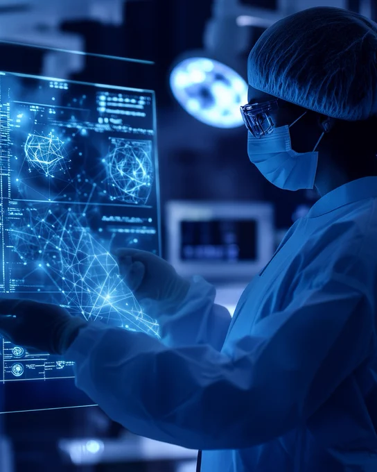 An image of a life sciences worker in a lab, using multiple computer screens. 