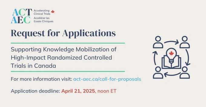 Request for applications: Supporting knowledge mobilization of high-impact randomized controlled trials in Canada. 
Application deadline: April 21, 2025, noon ET. 