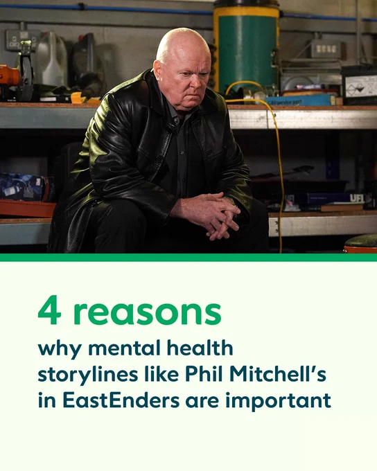 Text reading 4 Reasons why mental health storylines like Phil Mitchell's in EastEnders are important below a still of Phil Mitchell from a scene in EastEnders