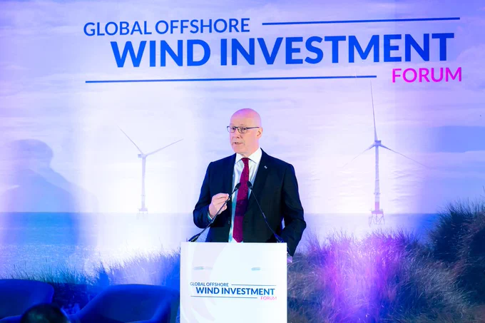 Scottish First Minister John Swinney gives an opening talk at the Global offshore wind investment forum in the Caledonian Hotel in Edinburgh