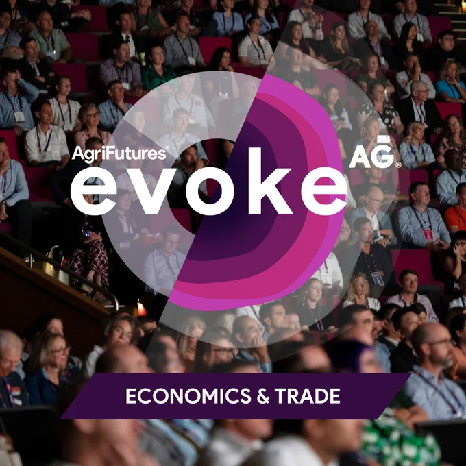 Podcast tile for AgriFutures on Air mini series, wiht a background image of audience attentively watching a presentation at an AgriFutures evokeAG conference focused on Economics & Trade.