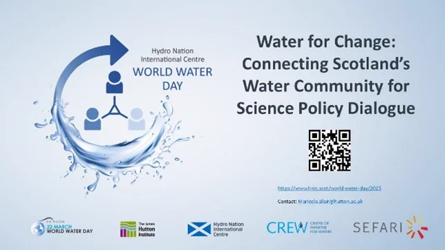 Promotional slide for Hydro Nation International Centre's World Water Day event. Title reads: "Water for Change: Connecting Scotland’s Water Community for Science Policy Dialogue." It features a circular water graphic with icons of people connected in a network, logos for World Water Day, The James Hutton Institute, Hydro Nation International Centre, CREW, and SEFARI, along with a QR code and contact email (Mariola.Błazej@hutton.ac.uk). A link to the event is included: https://www.hydro.scot/world-water-day/2025.