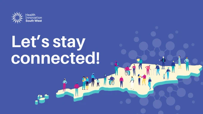 A colourful illustration of the south west with characters including health and care workers, families and a diverse array of genders and abilities. Large text reads 'Let's stay connected!'
