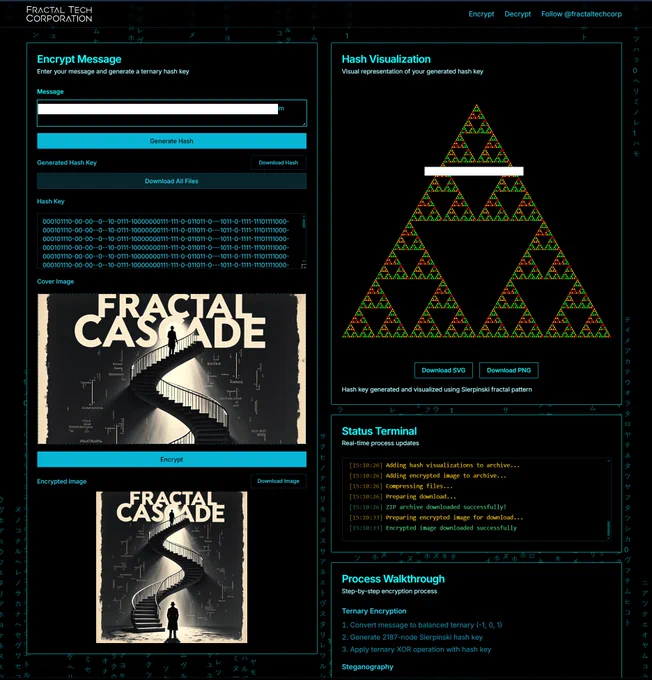 A cutting-edge $TRIT encryption interface from Fractal Tech Corporation, showcasing advanced ternary encryption and steganography. The image features a cyberpunk-themed dashboard where a message is encrypted into balanced ternary (-1,0,1), generating a 2187-trit Sierpinski hash key for ultimate security. A visual hash visualization displays the key as a fractal triangle, ensuring verification. A cover image labeled "FRACTAL CASCADE" is selected, encrypted, and transformed into a steganographic file where the message is securely hidden. The status terminal logs real-time encryption steps, confirming successful ZFP compression, XOR hashing, and file archiving. The process walkthrough explains the encryption pipeline. This quantum-resistant security system ensures AI, brute force, and quantum decryption are ineffective, making $TRIT the future of unbreakable cryptography. 🔐 #TRIT #CyberSecurity #QuantumResistant
