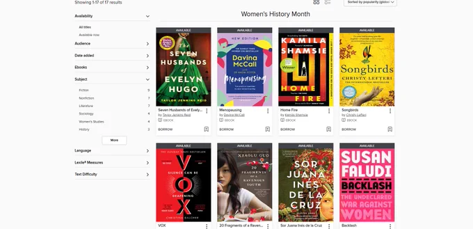 Overdrive home screen showing books in collection. Books shown are The Seven husbands of Evelyn Hugo by Taylor Jenkins Reid, Menopausing by Davina McCall, Home Fire by Kamila Shamsie, Songbirds by Christy Lefteri, Vox by Christina Dalcher, 20 Fragments of a ravenous youth by Xialou Guo, Sor Juana Ines de la Cruz selected works, and Backlash by Susan Faludi