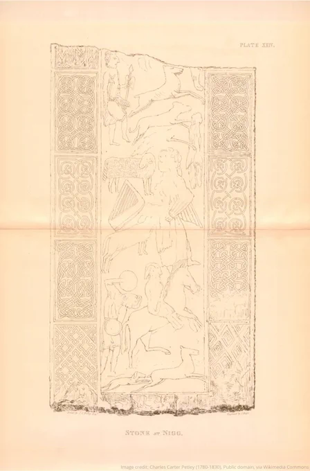 Sketch of the cross slab with two Pictish symbols: an eagle above a Pictish Beast, a sheep, the triangular harp, and hunting scenes. Scholars interpret the scene as representing a story of the biblical King David.