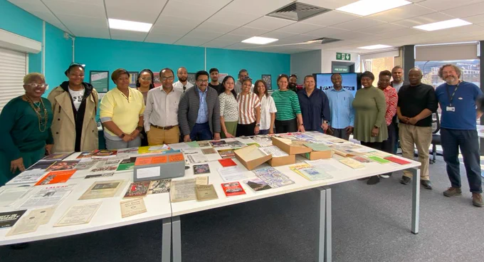 Photo showing 18 USDAW Black Leadership Programme participants, plus Wilf Sullivan from Coalition of Black Trade Unionists and TUC Librarian Jeff Howarth, and LMU student oral history volunteer Chi Devis