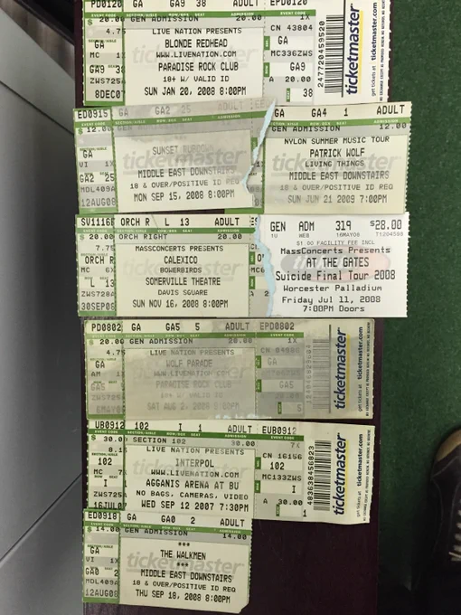 Ticketmaster stubs from 2007-08 music performances in the Cambridge/Somerville and Worcester, MA areas. Ranging $12-30 for Interpol, Blonde Redhead, Calexico, Wolf Parade and Sunset Rubdown, The Walkmen, At the Gates, in mostly small venues.