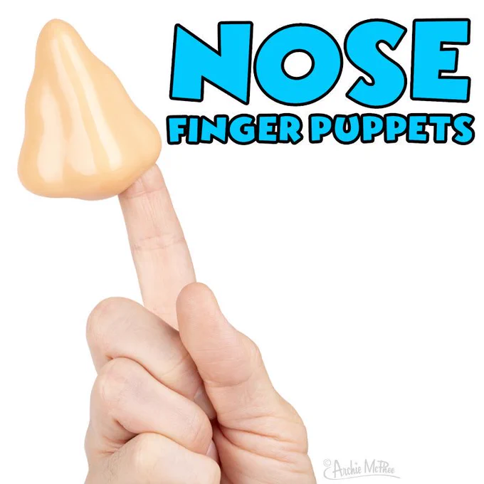 Beige nose finger puppet on index finger with blue text "NOSE FINGER PUPPETS" against white background,