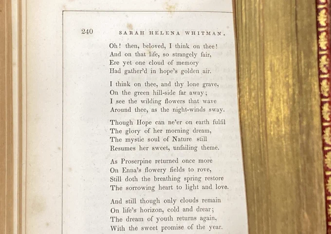Photo of last part of poem “A Song of Spring,” with gilt edges of book visible.
