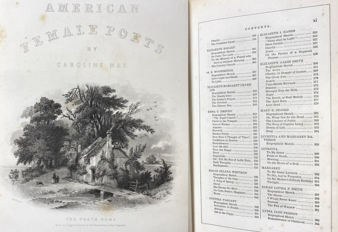 Photo of title page of “American Female Poets” book and a page from the table of contents listing authors.