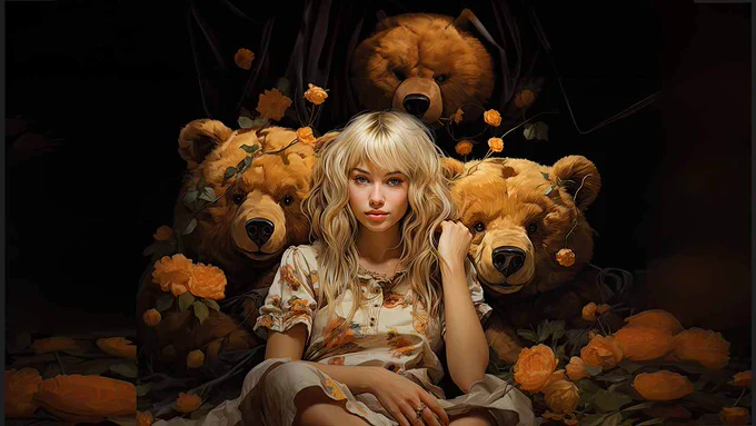 A stylized, fairytale-like illustration of a young blonde woman seated in front of three large brown bears against a dark backdrop. She wears a light floral dress and gazes toward the viewer while orange flowers and vines frame the scene, creating a whimsical Goldilocks-inspired atmosphere.
