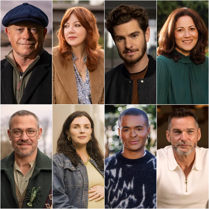 Top left to right - Ross Kemp, Diane Morgan, Andrew Garfield, Mishal Husain. Bottom left to right - Will Young, Aisling Bea, Leyton Williams and Fred Sirieix