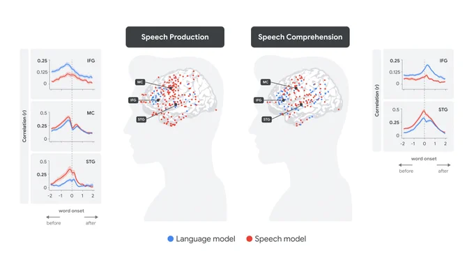 Fitting speech and language embeddings to human brain signals at production and comprehension.