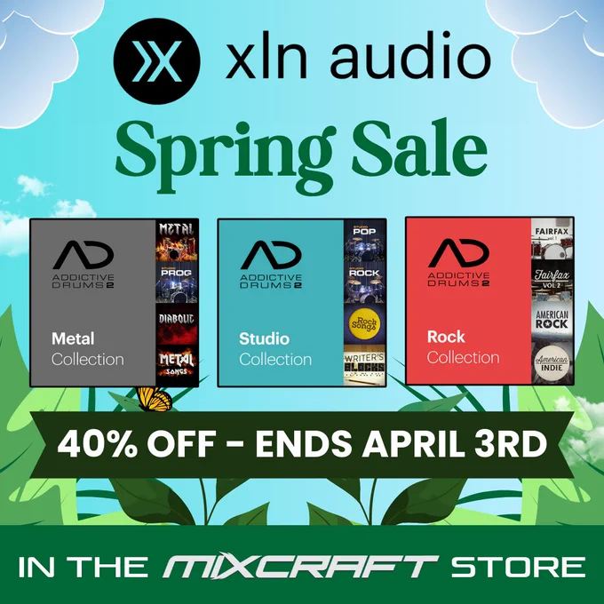The XLN Audio Spring Sale is on! Save 40% on the Addictive Drums 2 collections between now and April 3rd. Check the Mixcraft 10 Store tab or store.acoustica.com/manufacturers/xln-audio