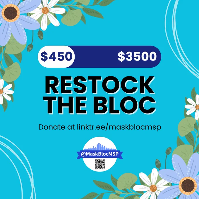 Blue design featuring a floral border and horizontal progress bar displaying $450 of the $3500 goal at to, "restock the bloc. Donate at linktr.ee/maskblocmsp" mask bloc msp insignia with qr code at bottom center.