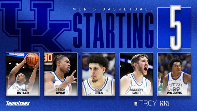 Starting lineup: Lamont Butler, Otega Oweh, Koby Brea, Andrew Carr, and Amari Williams. 