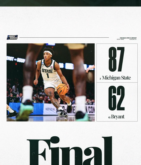 Final score graphic: MSU: 87, Bryant: 62
