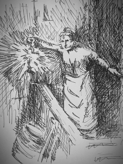 Détail esquissé du tableau Le bon samaritain de Maximilien Luce. Une femme sur le perron de sa maison tend une nature de sa main droite. 