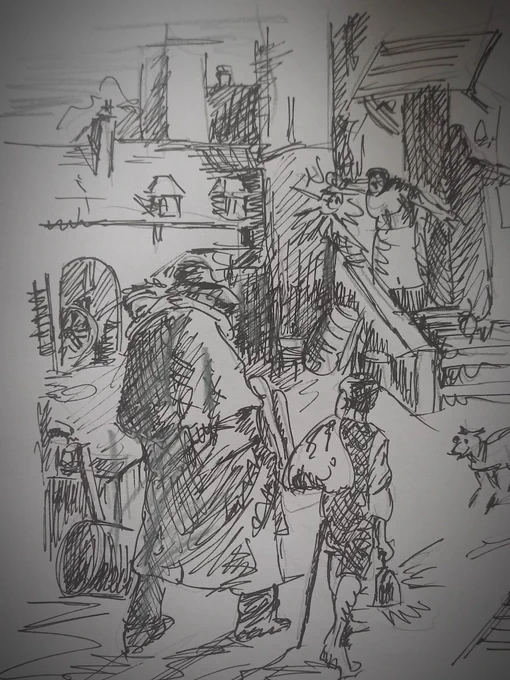 Esquisse réalisée à partir du tableau Le bon samaritain de Maximilien Luce. Un homme vêtu d'une guimbardine et d'un chapeau porte un enfant. Il est accompagné par un autre enfant qui marche à ses côtés une lanterne à la main. Plus loin, sur un perron, une femme les attend en tendant une lanterne. La scène semble se dérouler dans la cour d'une ferme. 
