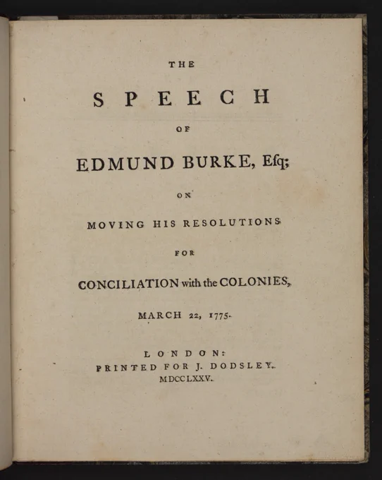 Title page of "The Speech of Edmund Burke, Esq; on Moving His Resolutions for Conciliation with the Colonies, March 22nd, 1775," printed in London, 1775.
