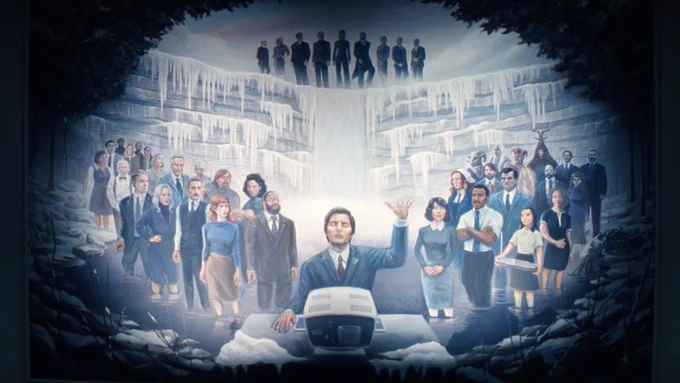 The painting titled, "The Exalted Victory of Cold Harbor" from the Season 2 finale of Severance. All of the major players of the show are depicted.