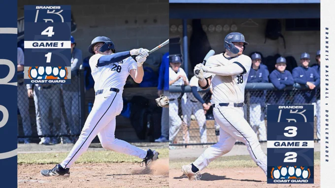 TEXT: Brandeis Baseball doubleheader: Game 1: Brandeis 4, Coast Guard 1; Game 2: Brandeis 3, Coat Guard 2
IMAGES: LEFT: Henry Aronwald following through on a swing at the plate; RIGHT: Eddie Zanor swinging at a pitch during a baseball game