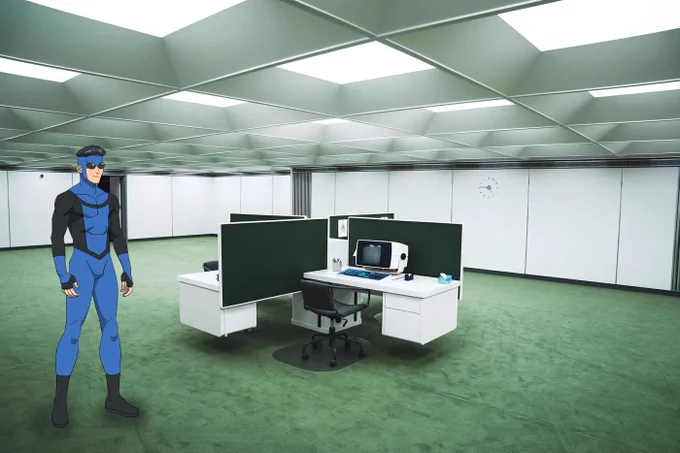 Mark Grayson in his Invincible blue suit inside an office room that has a green floor and four desks in the center.