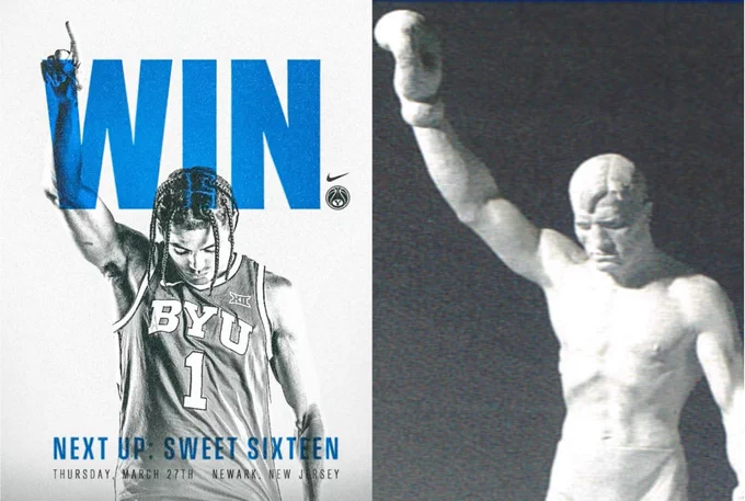 A side-by-side of a BYU player and a sculpture of a boxer, both with their arms raised in victory